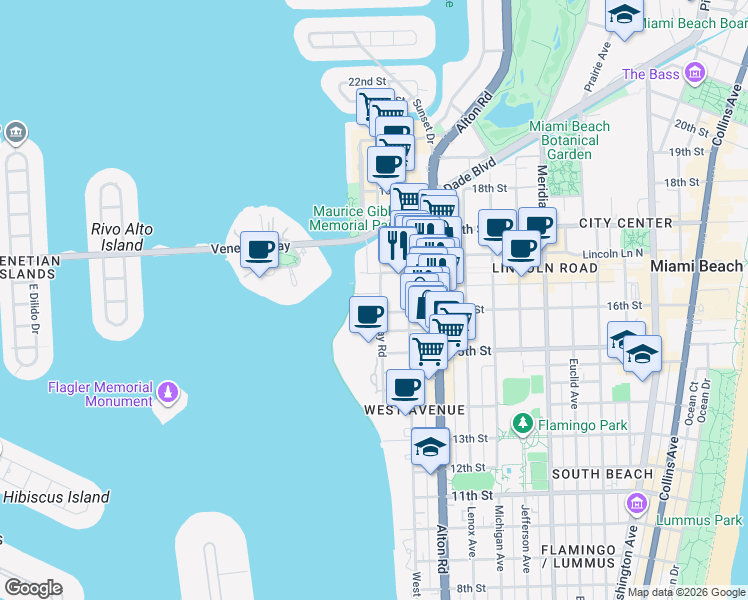 map of restaurants, bars, coffee shops, grocery stores, and more near 1621 Bay Road in Miami Beach