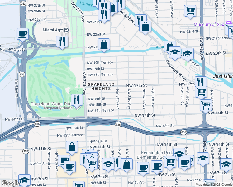map of restaurants, bars, coffee shops, grocery stores, and more near 1630 Northwest 34th Avenue in Miami