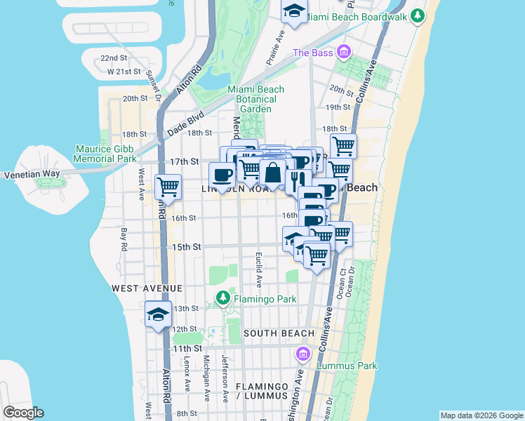 map of restaurants, bars, coffee shops, grocery stores, and more near 1612 Pennsylvania Avenue in Miami Beach