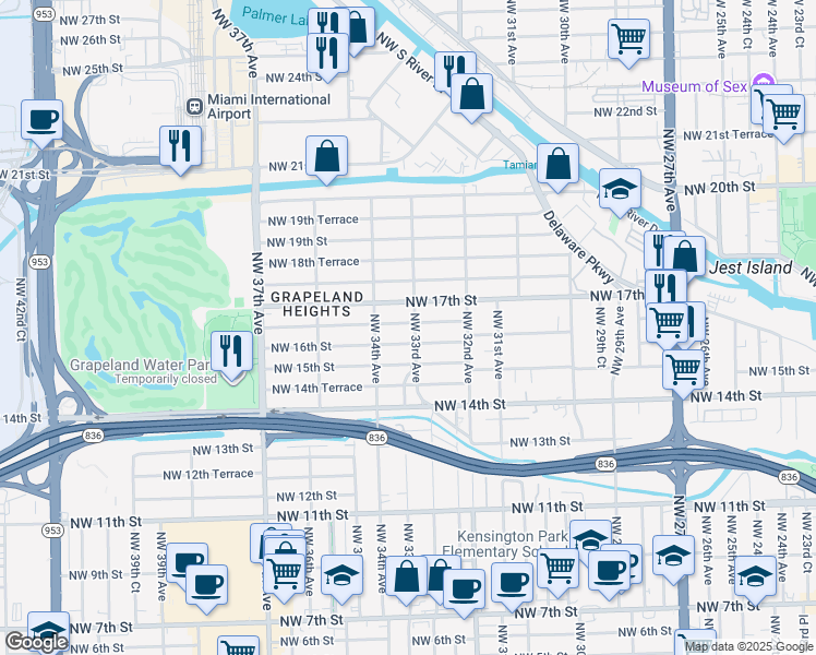 map of restaurants, bars, coffee shops, grocery stores, and more near 1630 Northwest 33rd Avenue in Miami