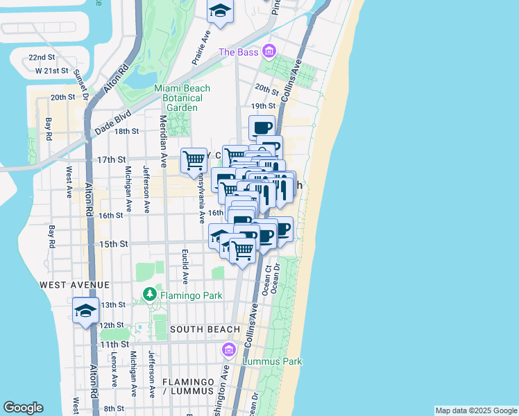 map of restaurants, bars, coffee shops, grocery stores, and more near 1601 Collins Avenue in Miami Beach