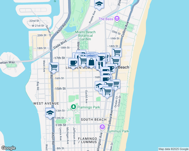 map of restaurants, bars, coffee shops, grocery stores, and more near 1612 Pennsylvania Avenue in Miami Beach