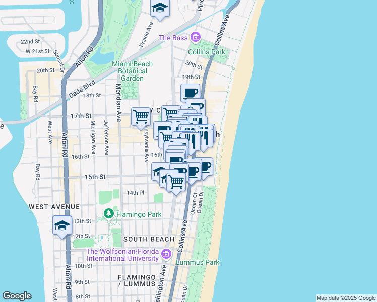 map of restaurants, bars, coffee shops, grocery stores, and more near 1600 Collins Avenue in Miami Beach