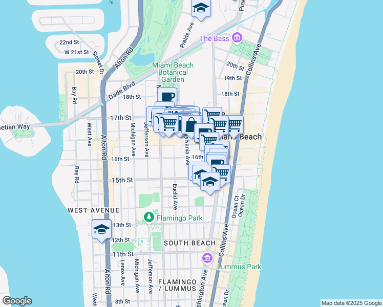 map of restaurants, bars, coffee shops, grocery stores, and more near 1605 Pennsylvania Avenue in Miami Beach