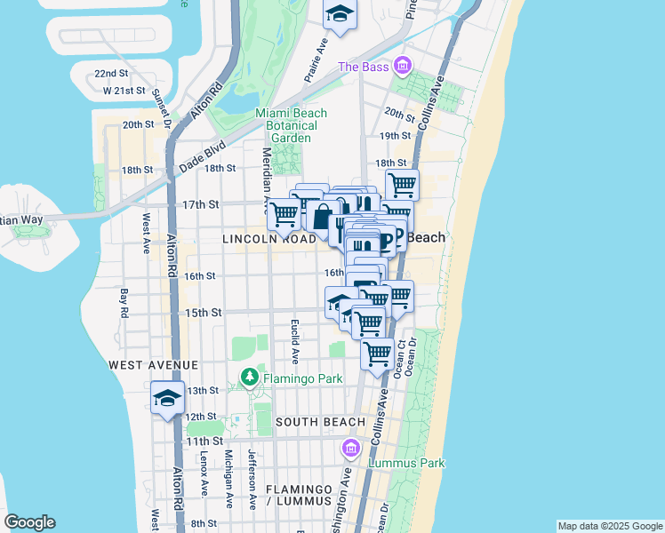 map of restaurants, bars, coffee shops, grocery stores, and more near 1608 Drexel Avenue in Miami Beach