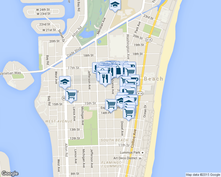 map of restaurants, bars, coffee shops, grocery stores, and more near 1612 Pennsylvania Avenue in Miami Beach