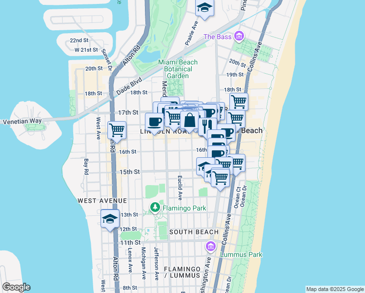map of restaurants, bars, coffee shops, grocery stores, and more near 1612 Pennsylvania Avenue in Miami Beach