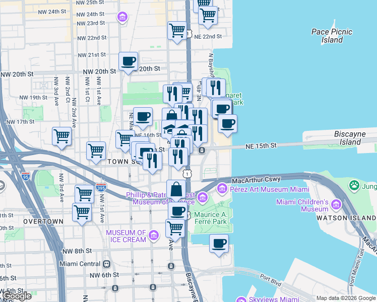 map of restaurants, bars, coffee shops, grocery stores, and more near in Miami