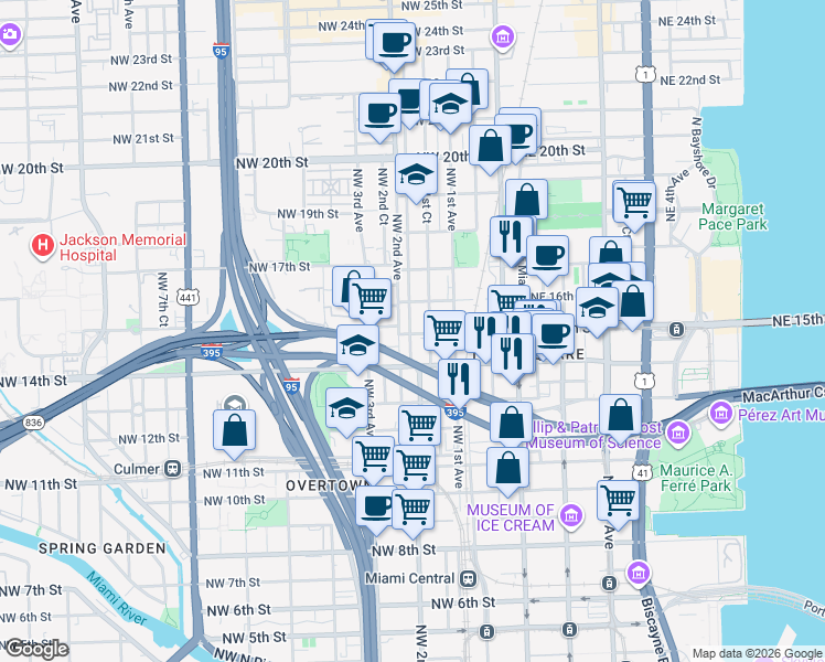map of restaurants, bars, coffee shops, grocery stores, and more near 139 Northwest 15th Street in Miami