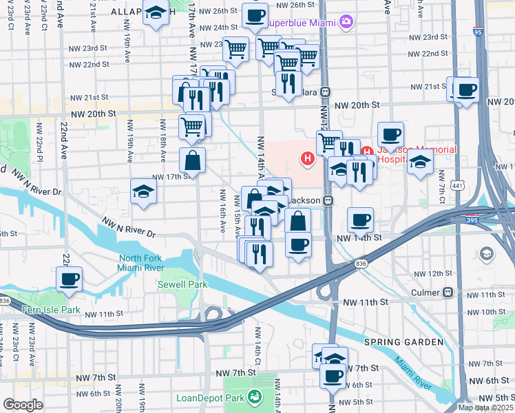 map of restaurants, bars, coffee shops, grocery stores, and more near 1540 Northwest 15th Street Road in Miami