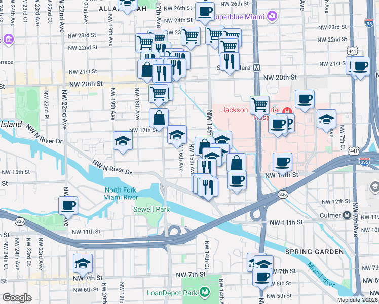map of restaurants, bars, coffee shops, grocery stores, and more near 1531 Northwest 16th Avenue in Miami