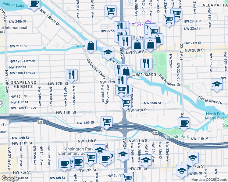 map of restaurants, bars, coffee shops, grocery stores, and more near 1629 Northwest 28th Avenue in Miami