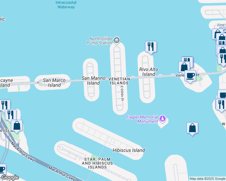 map of restaurants, bars, coffee shops, grocery stores, and more near 310 West Dilido Drive in Miami Beach