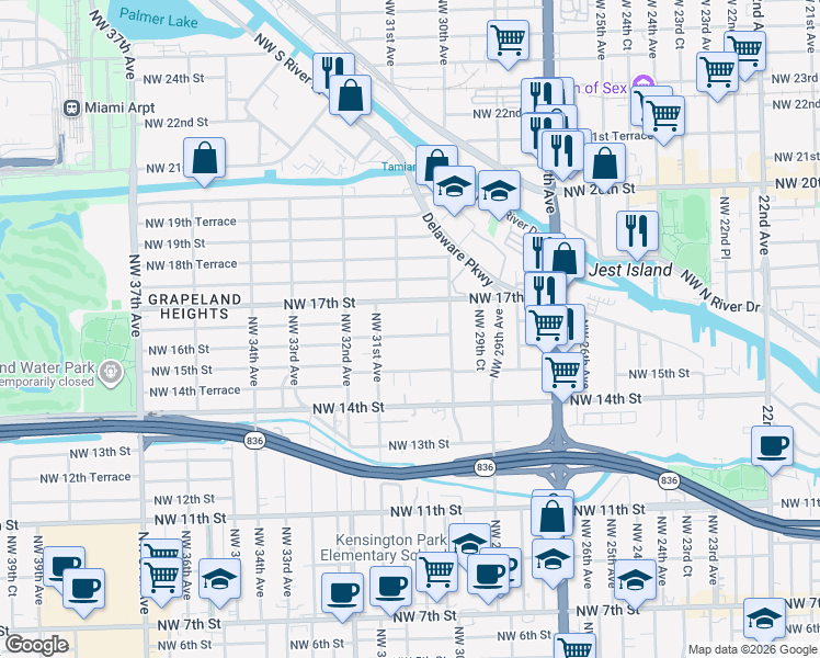 map of restaurants, bars, coffee shops, grocery stores, and more near 3071 Northwest 16th Street in Miami