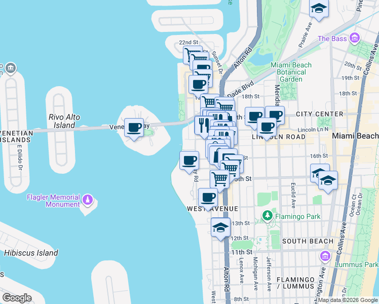 map of restaurants, bars, coffee shops, grocery stores, and more near 1621 Bay Road in Miami Beach