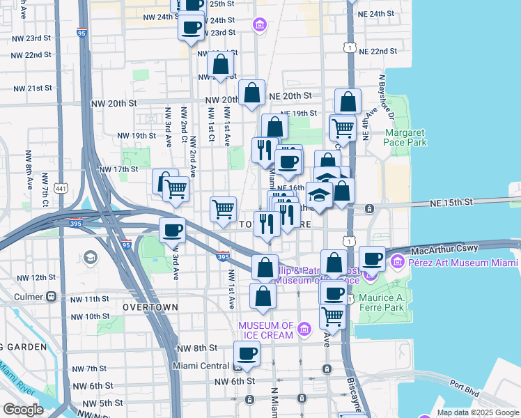 map of restaurants, bars, coffee shops, grocery stores, and more near 1500 North Miami Avenue in Miami