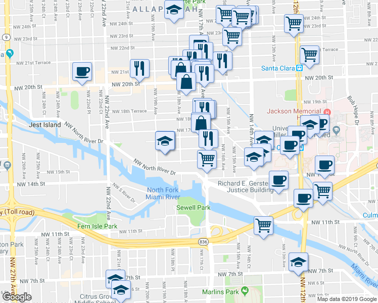 map of restaurants, bars, coffee shops, grocery stores, and more near 1764 Northwest 16th Street in Miami