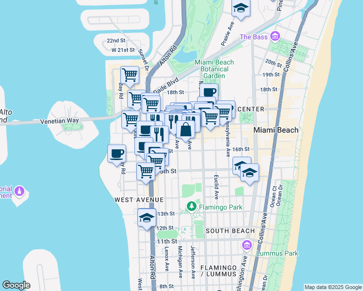 map of restaurants, bars, coffee shops, grocery stores, and more near 1611 Michigan Avenue in Miami Beach