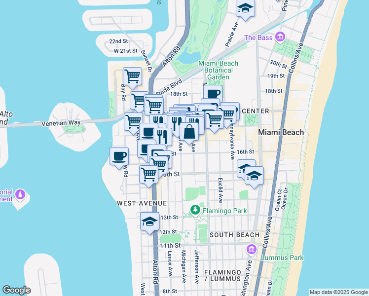 map of restaurants, bars, coffee shops, grocery stores, and more near 1610 Michigan Avenue in Miami Beach