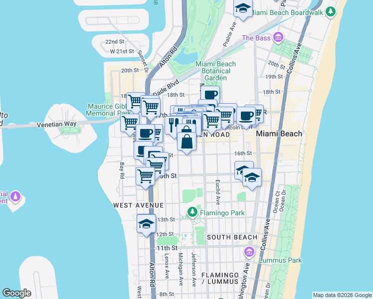 map of restaurants, bars, coffee shops, grocery stores, and more near 1615 Jefferson Avenue in Miami Beach