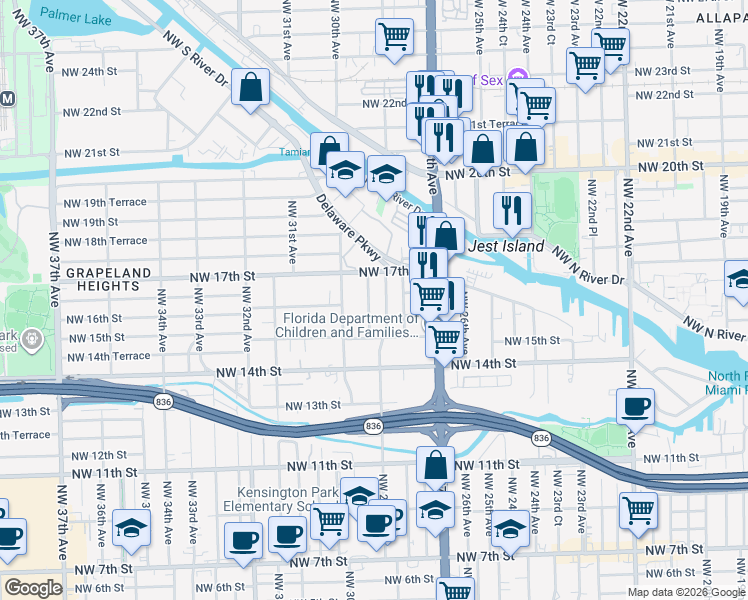 map of restaurants, bars, coffee shops, grocery stores, and more near 1627 Northwest 29th Court in Miami