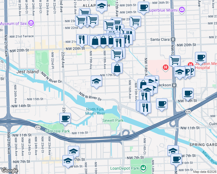 map of restaurants, bars, coffee shops, grocery stores, and more near 1780 Northwest 16th Street in Miami