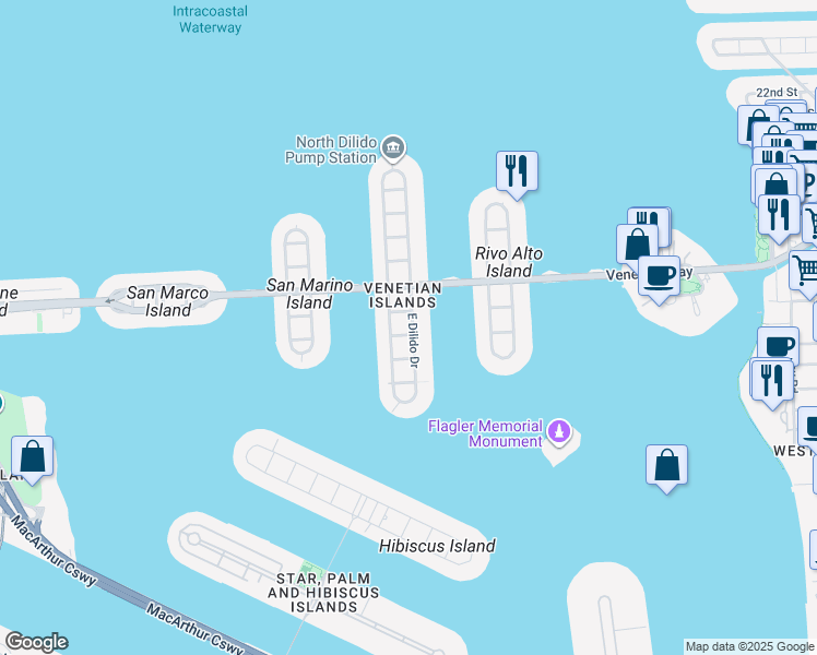 map of restaurants, bars, coffee shops, grocery stores, and more near 310 East Dilido Drive in Miami Beach