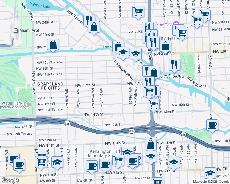 map of restaurants, bars, coffee shops, grocery stores, and more near 3071 Northwest 16th Street in Miami