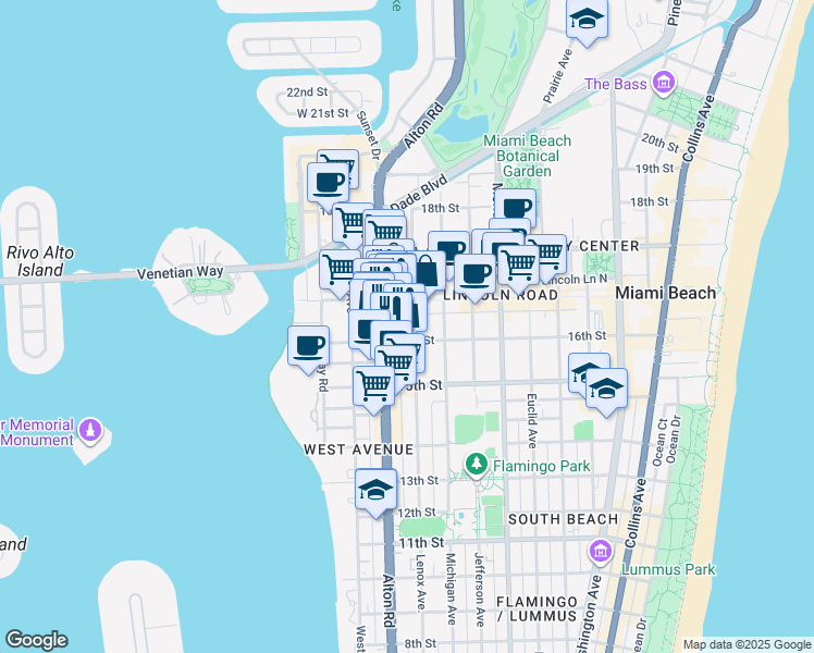 map of restaurants, bars, coffee shops, grocery stores, and more near 1610 Lenox Avenue in Miami Beach