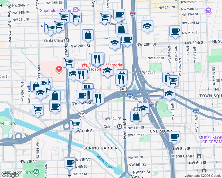 map of restaurants, bars, coffee shops, grocery stores, and more near NW 8th Ave & NW 15th St in Miami