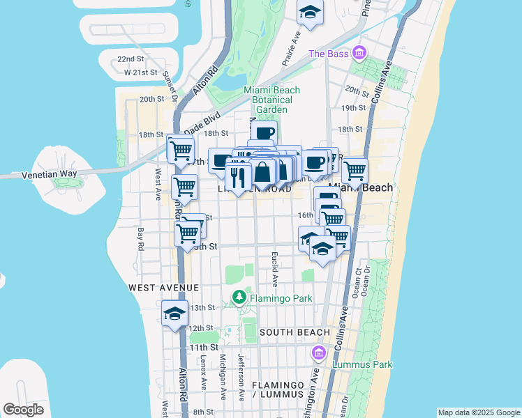 map of restaurants, bars, coffee shops, grocery stores, and more near 1611 Meridian Avenue in Miami Beach