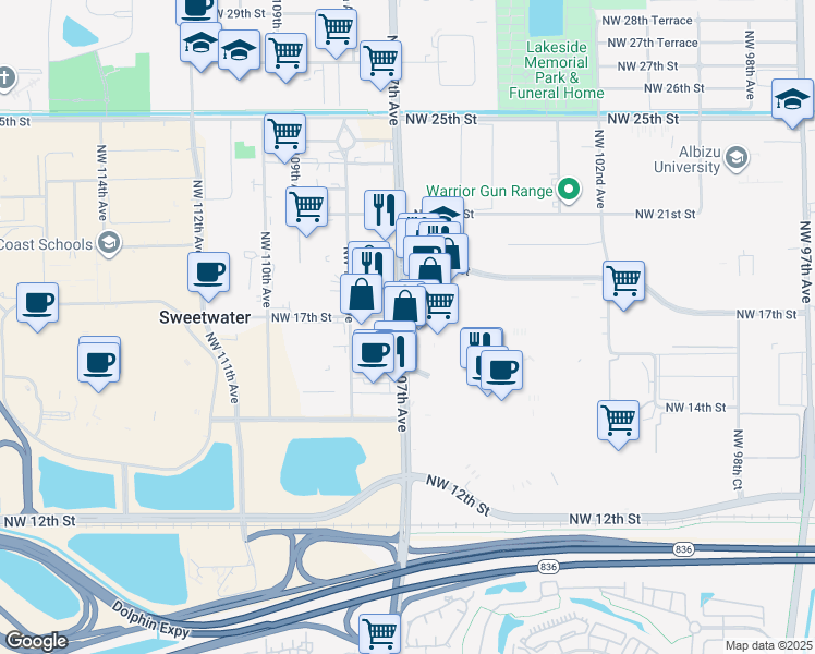 map of restaurants, bars, coffee shops, grocery stores, and more near 1691 Northwest 107th Avenue in Doral