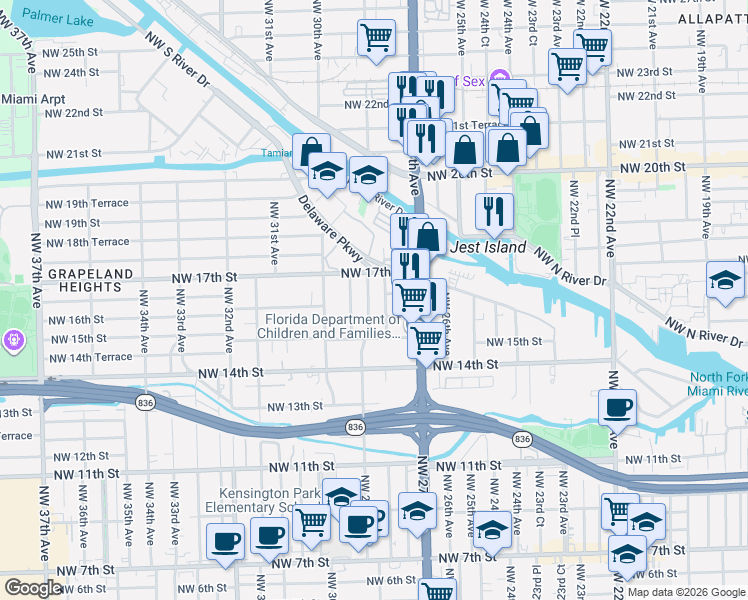 map of restaurants, bars, coffee shops, grocery stores, and more near 1631 Northwest 29th Avenue in Miami