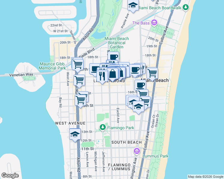map of restaurants, bars, coffee shops, grocery stores, and more near 1611 Meridian Avenue in Miami Beach