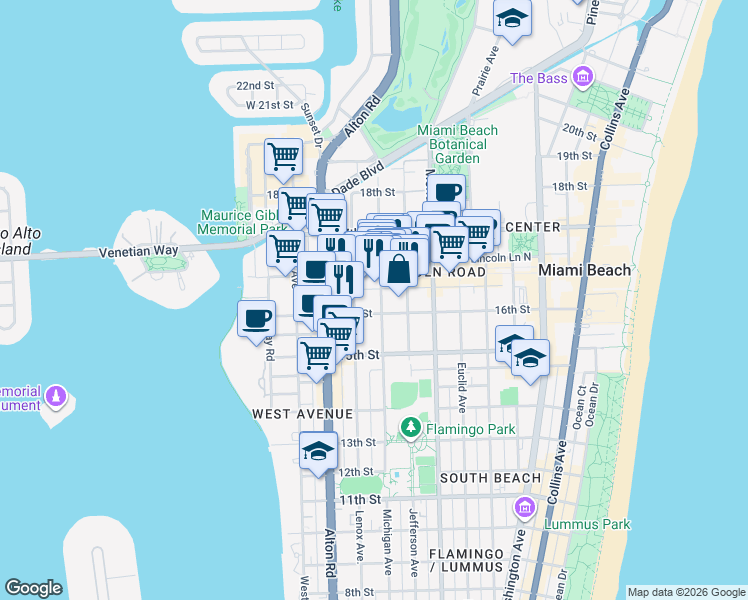 map of restaurants, bars, coffee shops, grocery stores, and more near 1610 Michigan Avenue in Miami Beach
