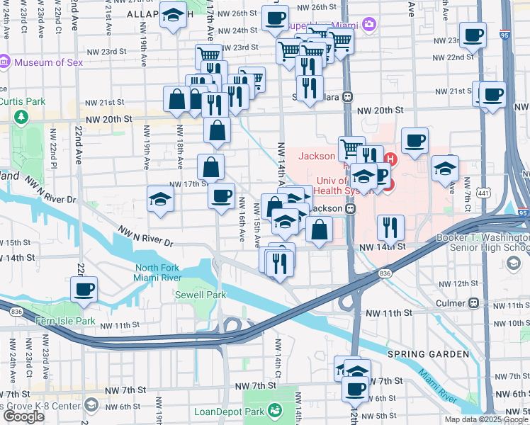map of restaurants, bars, coffee shops, grocery stores, and more near 1540 Northwest 15th Street Road in Miami