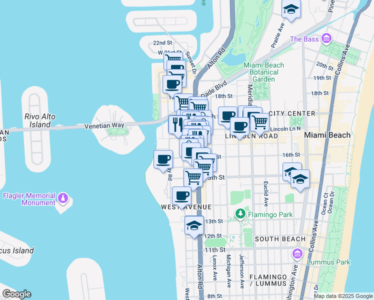 map of restaurants, bars, coffee shops, grocery stores, and more near 1615 West Avenue in Miami Beach