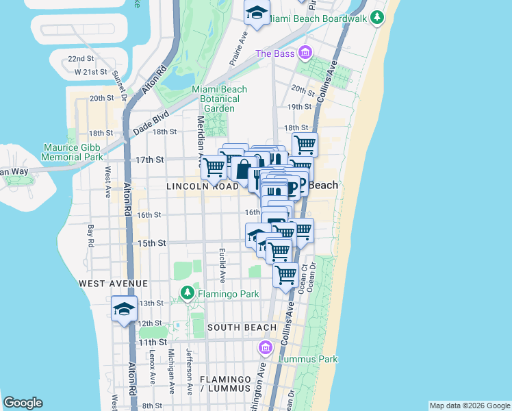map of restaurants, bars, coffee shops, grocery stores, and more near 1608 Drexel Avenue in Miami Beach