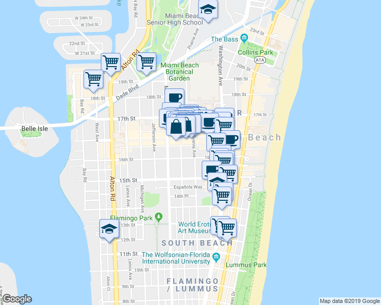 map of restaurants, bars, coffee shops, grocery stores, and more near 1612 Pennsylvania Avenue in Miami Beach