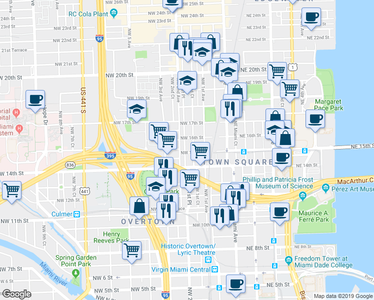 map of restaurants, bars, coffee shops, grocery stores, and more near 139 Northwest 15th Street in Miami