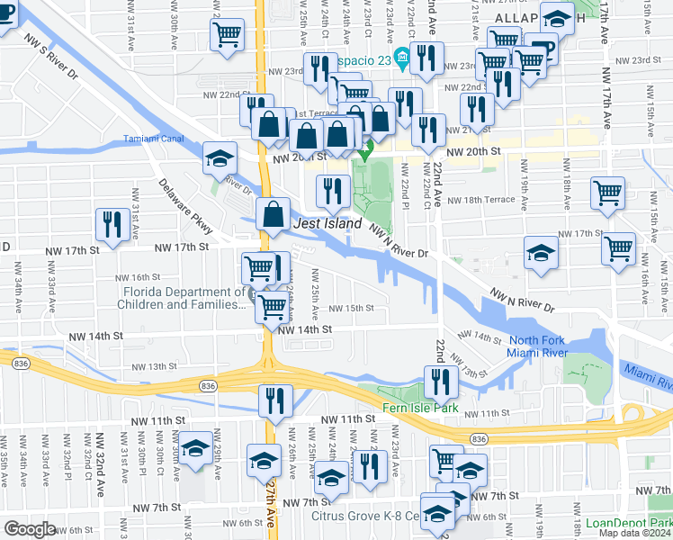 map of restaurants, bars, coffee shops, grocery stores, and more near 2415 Northwest 16th Street Road in Miami