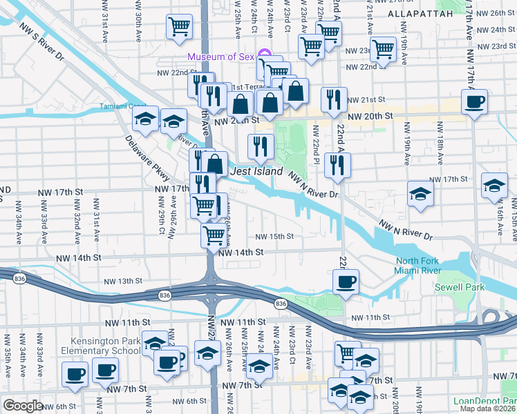 map of restaurants, bars, coffee shops, grocery stores, and more near 2415 Northwest 16th Street Road in Miami