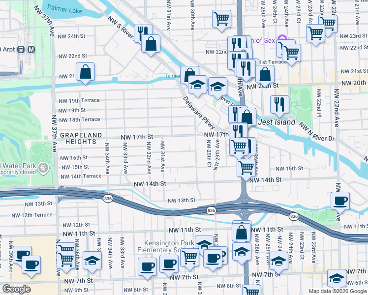 map of restaurants, bars, coffee shops, grocery stores, and more near 3071 Northwest 16th Street in Miami