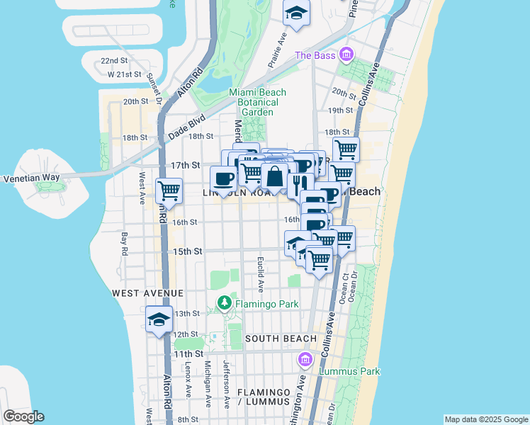 map of restaurants, bars, coffee shops, grocery stores, and more near 1612 Pennsylvania Avenue in Miami Beach
