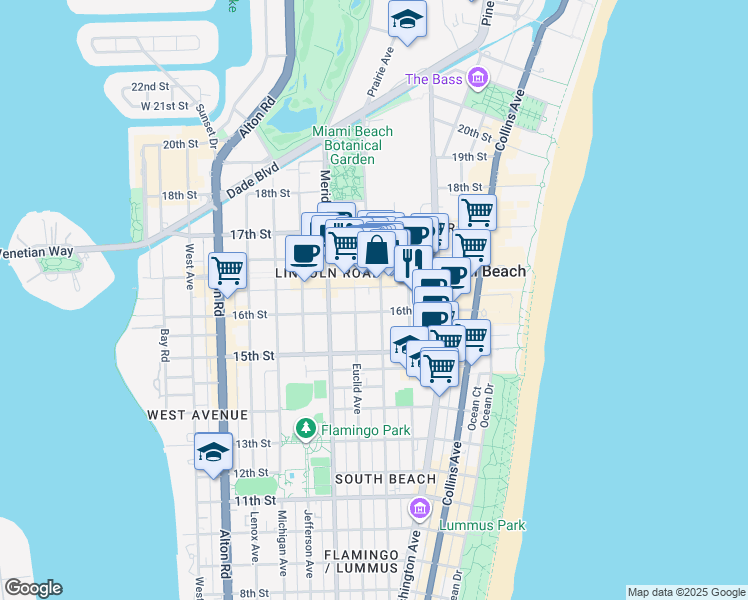 map of restaurants, bars, coffee shops, grocery stores, and more near 1612 Pennsylvania Avenue in Miami Beach