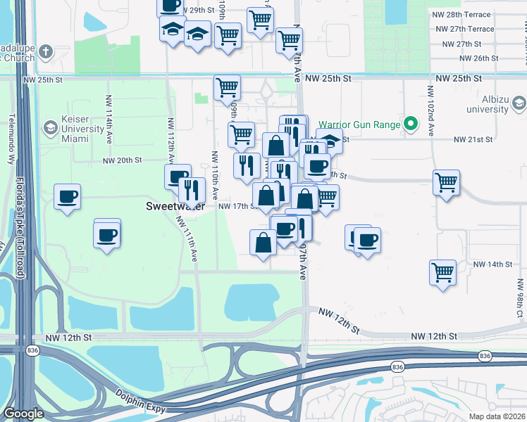 map of restaurants, bars, coffee shops, grocery stores, and more near 1690 Northwest 108th Avenue in Miami