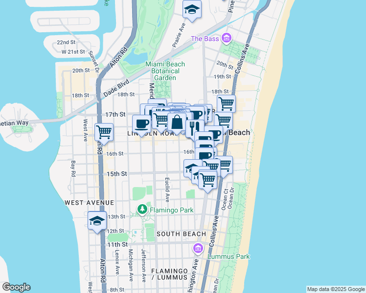 map of restaurants, bars, coffee shops, grocery stores, and more near 1612 Pennsylvania Avenue in Miami Beach