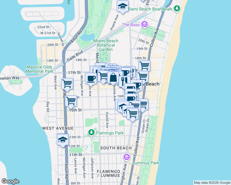 map of restaurants, bars, coffee shops, grocery stores, and more near 1612 Pennsylvania Avenue in Miami Beach
