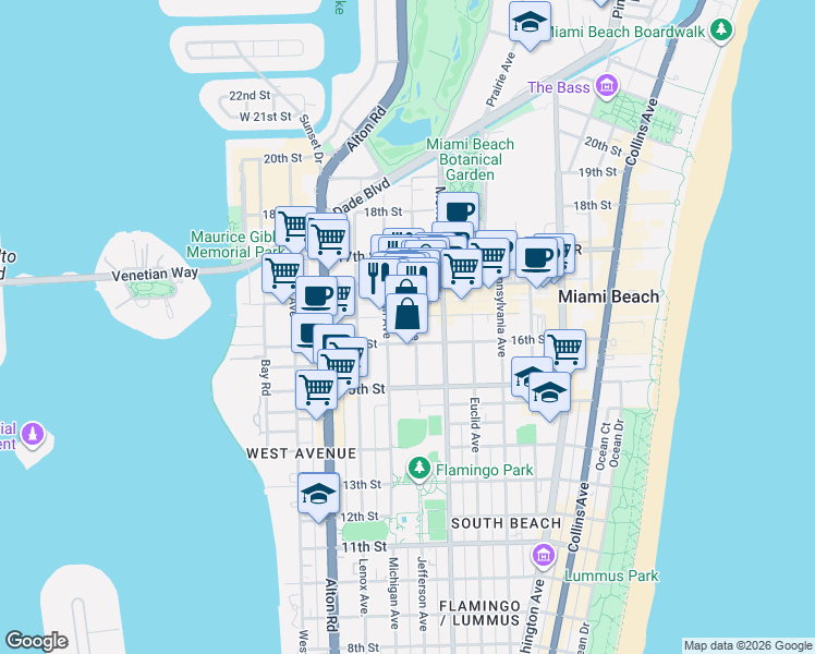 map of restaurants, bars, coffee shops, grocery stores, and more near 1615 Jefferson Avenue in Miami Beach
