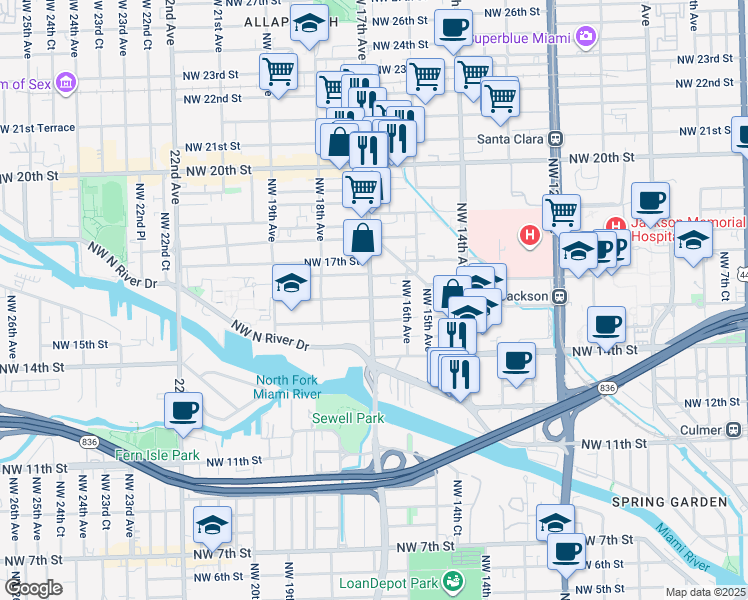 map of restaurants, bars, coffee shops, grocery stores, and more near 1595 Northwest 17th Avenue in Miami